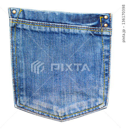 Blue denim jeans pocket with orange stitching and rivets 136170398