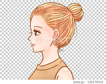 一位梳著髮髻的成年女性側面像插圖 一位梳著髮髻的成年女性側面像插圖 136170542