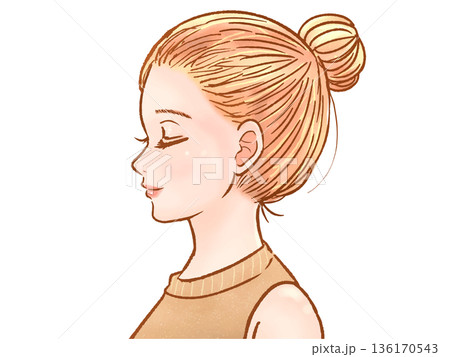 お団子ヘアーの大人女性の横顔イラスト素材2 136170543