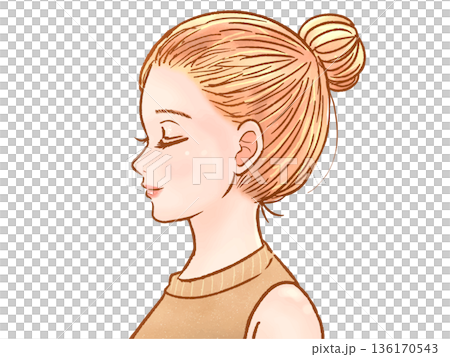 お団子ヘアーの大人女性の横顔イラスト素材2 136170543