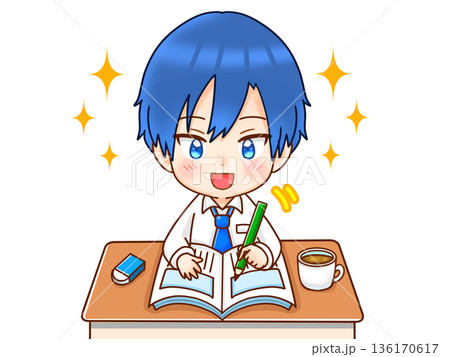 楽しんで課題と原稿の執筆活動をする男の子 楽しんで課題と原稿の執筆活動をする男の子 136170617