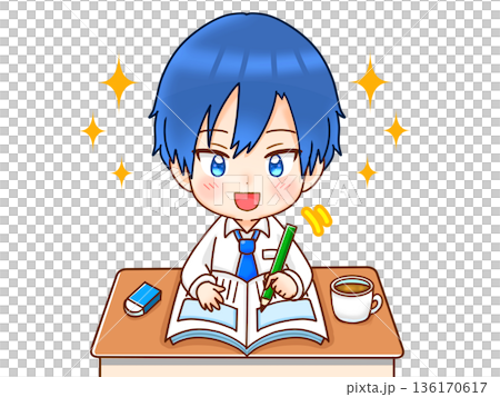 楽しんで課題と原稿の執筆活動をする男の子 楽しんで課題と原稿の執筆活動をする男の子 136170617