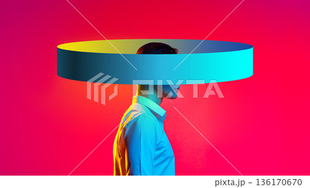 Vivid mixed media circular halo male head portrait. 136170670