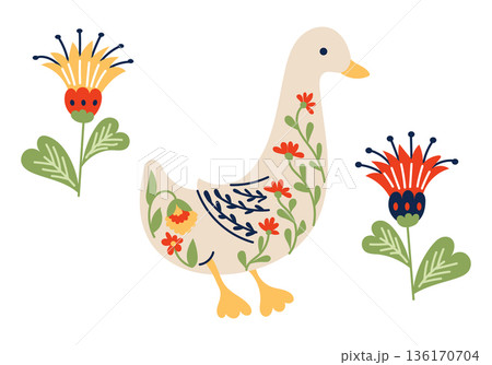 Folk style goose with floral ornament isolated on white background in flat hand drawn vector illustration. The image represents nature, countryside, spring mood and traditional decorative animal art 136170704