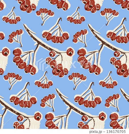 Hand drawn seamless pattern with winter berry branches covered with snow on blue background in folk style vector illustration. The image represents winter nature, seasonal decor and cozy design Hand drawn seamless pattern with winter berry branches covered with snow on blue background in folk style vector illustration. The image represents winter nature, seasonal decor and cozy design 136170705