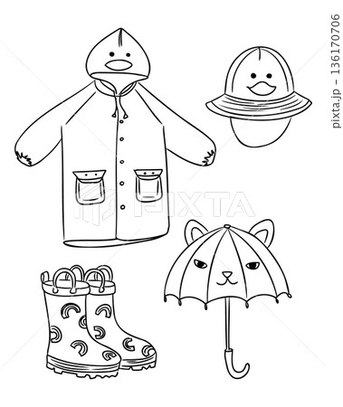 Hand drawn set of cute kids rain clothes including coat, hat, boots and umbrella in simple outline vector style isolated on white background. The image represents childhood, rainy weather play 136170706