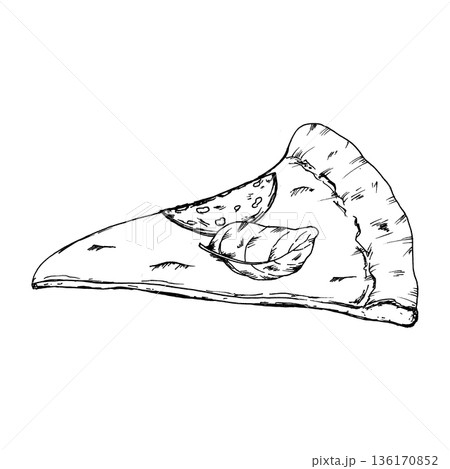 Black and white vector illustration of pizza slice with cheese, sausage, basil leaf. Hand drawn food in ink line art style for restaurant menus, food packaging, Italian cuisine, cooking concepts 136170852