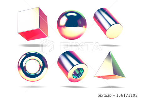 Collection of retro chrome 3D vector shapes with realistic metallic shine and reflections. Primitive silver Y2K objects set Collection of retro chrome 3D vector shapes with realistic metallic shine and reflections. Primitive silver Y2K objects set 136171105