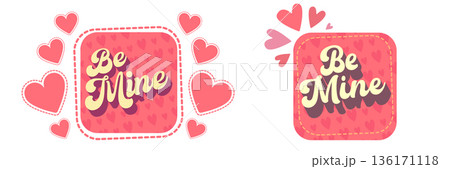 Pink Be Mine Valentine s Day banner with hand-drawn heart pattern and dashed line border. Romantic horizontal template for holiday greetings, stickers, and gift packaging isolated on white 136171118