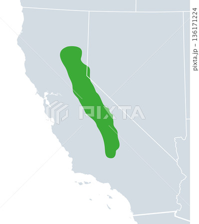 Sierra Nevada, political map. Mountain range in Western United States, between Central Valley of California and Great Basin. The vast majority is located in California. Isolated illustration. Vector Sierra Nevada, political map. Mountain range in Western United States, between Central Valley of California and Great Basin. The vast majority is located in California. Isolated illustration. Vector 136171224