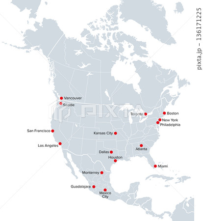 North America, soccer cities, 2026, political map. In 2026, sixteen cities in Canada, Mexico and United States are centers of international football. Map with borders. labelled with city names. Vector North America, soccer cities, 2026, political map. In 2026, sixteen cities in Canada, Mexico and United States are centers of international football. Map with borders. labelled with city names. Vector 136171225