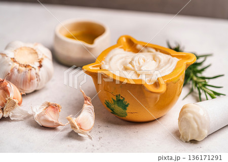 Homemade aioli or allioli garlic sauce 136171291