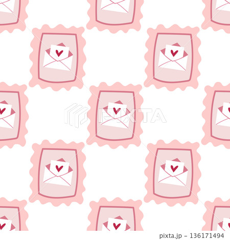Seamless pattern with a cute pink stamp with a love letter on it. Saint Valentine's Day element 136171494