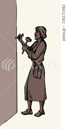 Vector illustration of a man hammering a nail. Vector illustration of a man hammering a nail. 136171982