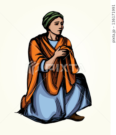 Vector drawing. Girl knilling in prayer Vector drawing. Girl knilling in prayer 136171991