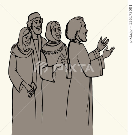 Vector drawing. Ancient family listen a father 136172001