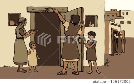 Vector drawing. The family fulfills God's command. Anoints the doorposts with the blood of the lamb 136172003