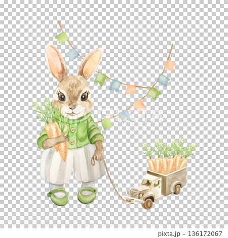 Bunny holding a toy truck filled with carrots by a rope. Hand drawn watercolor illustration isolated on white. Pastel clip art for Easter vintage cards and invitations. Bunny holding a toy truck filled with carrots by a rope. Hand drawn watercolor illustration isolated on white. Pastel clip art for Easter vintage cards and invitations. 136172067