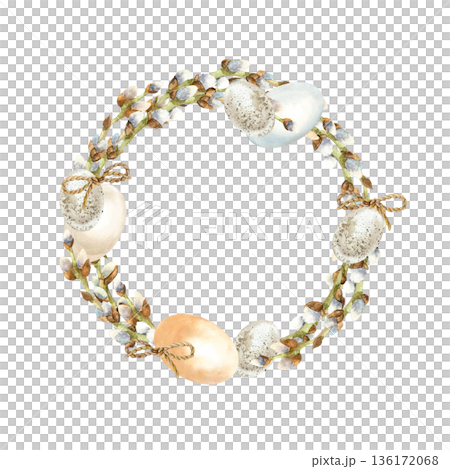 Wreath of willow branches with eggs. Symbol of Easter and Palm Sunday. Hand drawn watercolor illustration isolated. Pastel clip art for vintage postcards and invitations. 136172068