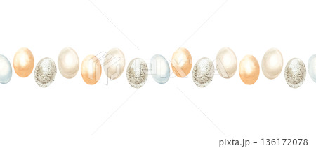 Easter egg seamless horizontal border. Hand drawn watercolor illustration isolated on white. Pastel clip art for vintage cards and invitations. Perfect for spring holiday posters and banners. Easter egg seamless horizontal border. Hand drawn watercolor illustration isolated on white. Pastel clip art for vintage cards and invitations. Perfect for spring holiday posters and banners. 136172078