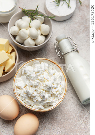 Healthy dairy products and fresh eggs on table Healthy dairy products and fresh eggs on table 136172520