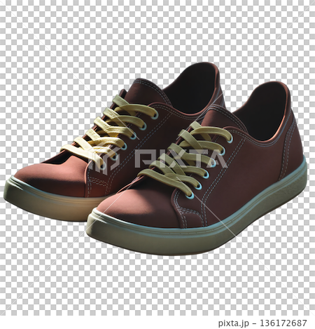The image shows a pair of brown (burgundy) low-top lace-up sneakers The image shows a pair of brown (burgundy) low-top lace-up sneakers 136172687