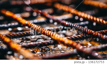 Close Up of Rusty Steel Reinforcement Bars with Water Droplets 136172753