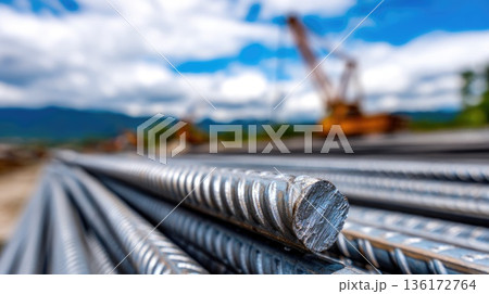 Close Up of Steel Reinforcement Bars at Construction Site with Crane in Background 136172764