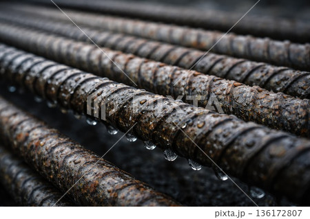 Rusty Reinforced Steel Bars with Water Drops at Construction Site 136172807