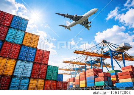 Cargo Shipping Containers and Airplane Flying Over Industrial Port 136172808