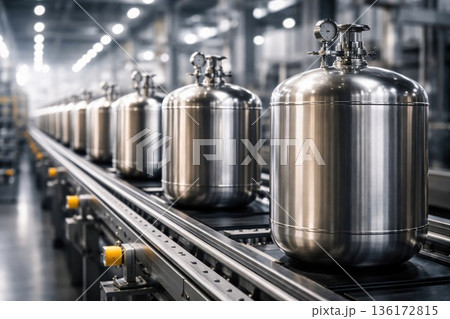 Stainless Steel Industrial Tanks in Modern Manufacturing Facility Stainless Steel Industrial Tanks in Modern Manufacturing Facility 136172815