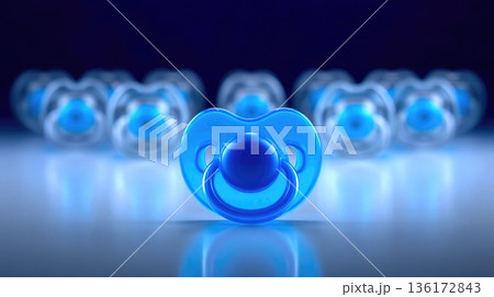 Blue baby pacifier on reflective surface with soft focus background, newborn care and infant soothing concept 136172843