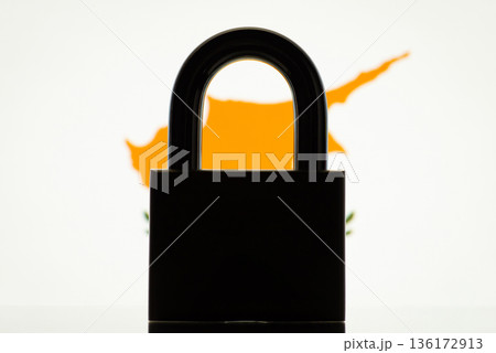 Silhouette of closed lock with flag of Cyprus on the background. Concept of closed country Cyprus, restrictions, sanctions, ban Silhouette of closed lock with flag of Cyprus on the background. Concept of closed country Cyprus, restrictions, sanctions, ban 136172913