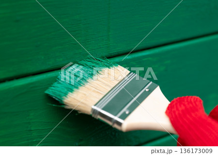 Close up of painting wall with brush. Carefully painting stitches of wooden planks with a brush Close up of painting wall with brush. Carefully painting stitches of wooden planks with a brush 136173009
