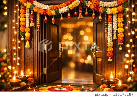 Diwali Home Entrance Decorations Vibrant Festive Setup 136173197