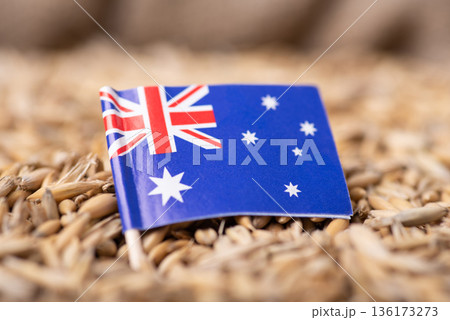 Flag of Australia on oat grain in linen sack. Harvest of oat in Australia concept Flag of Australia on oat grain in linen sack. Harvest of oat in Australia concept 136173273