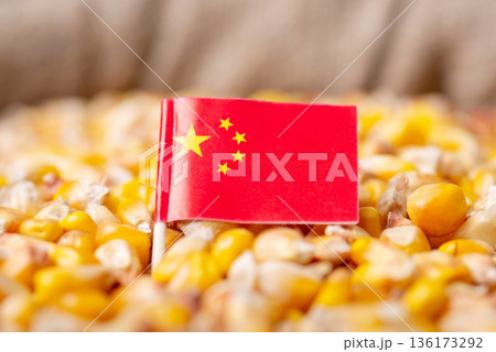 Flag of China on corn. Harvest of corn grain in China concept 136173292