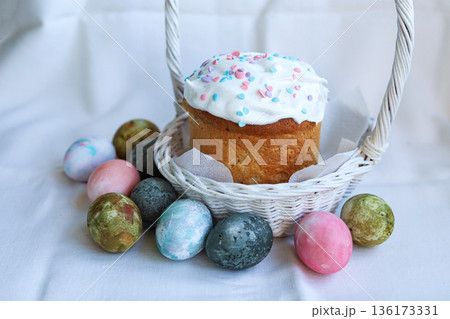 Traditional Ukrainian Easter kulich in a light basket with painted eggs, atmosphere of Easter and family warmth Traditional Ukrainian Easter kulich in a light basket with painted eggs, atmosphere of Easter and family warmth 136173331