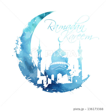Ramadan Light blue symbol. moon and mosque. Hand drawn. Not AI, vector illustration. 136173388
