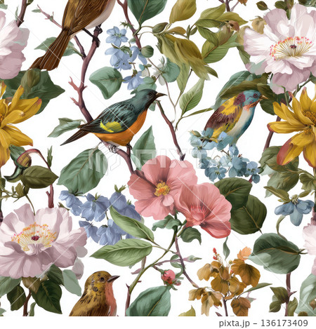 Botanical Seamless Pattern with Flowers and Bird 136173409