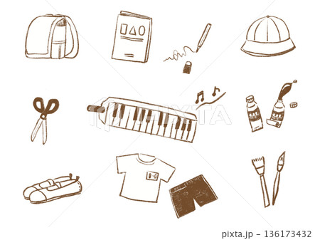 手描き()の学校用品セットイラスト（図工・音楽・体育） 136173432