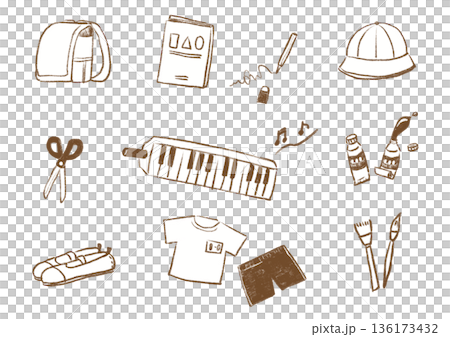 手描き()の学校用品セットイラスト（図工・音楽・体育） 136173432