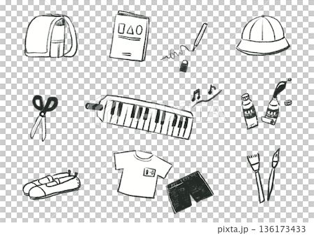 手繪線條畫（黑色）學校用品套裝插圖（美術、音樂、運動） 136173433
