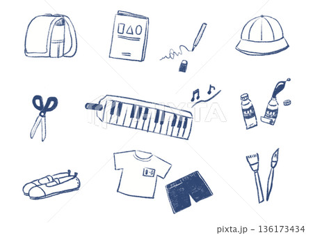 手描き線画(紺)の学校用品セットイラスト(図工・音楽・体育) 手描き線画(紺)の学校用品セットイラスト(図工・音楽・体育) 136173434