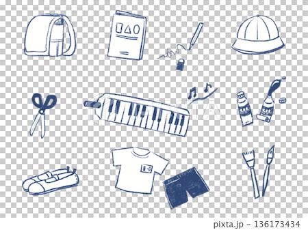 手描き線画(紺)の学校用品セットイラスト(図工・音楽・体育) 手描き線画(紺)の学校用品セットイラスト(図工・音楽・体育) 136173434
