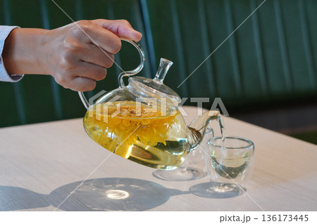 Hand holding a kettle, pouring yellow flower tea into a glass cup on a wooden table, on green leather background, food, drink, decor, fashion, copy space 136173445