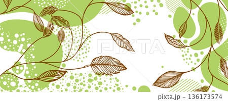 Beautiful decorative floral background with leaves and spots. Floral card. Hand drawn. Not AI, vector illustration 136173574