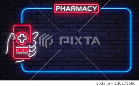 Neon pharmacy icon with medical cross and more text inside glowing border. Healthcare themed vector ideal for online drugstores and service promotions. 136173660