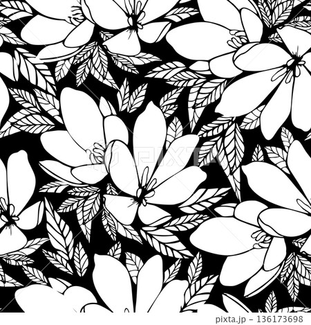 asymmetrical seamless floral white outline pattern on black background, design, background 136173698