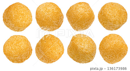 Crispy corn balls, crunchy texture with salted coating isolated on white background, full depth of field 136173986
